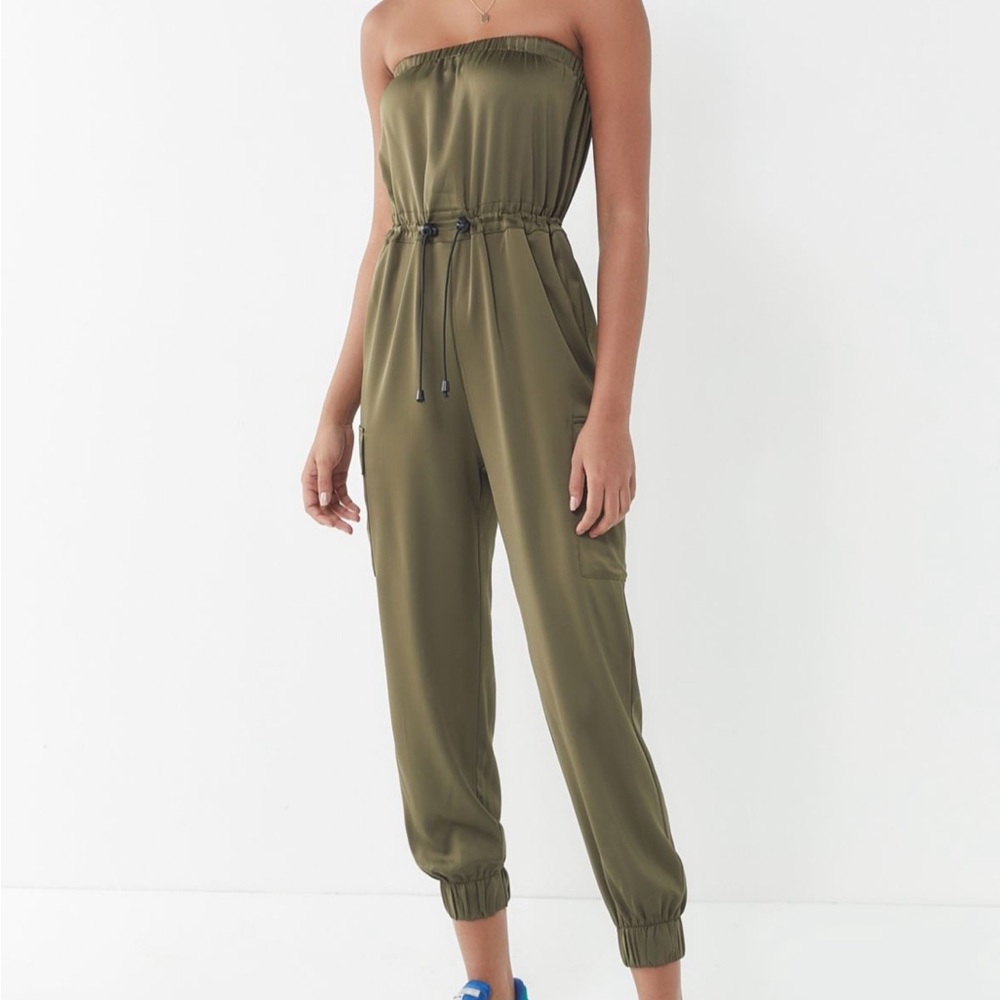 Urban Outfitters Olive Green Satin Strapless Jumpsuit